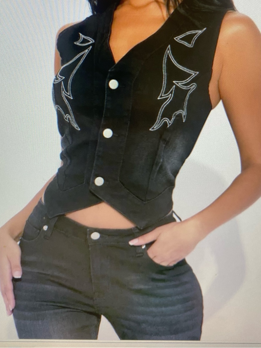 Fashion Nova Black Embroidered Button-Front Sleeveless Vest and jeans 
2 piece